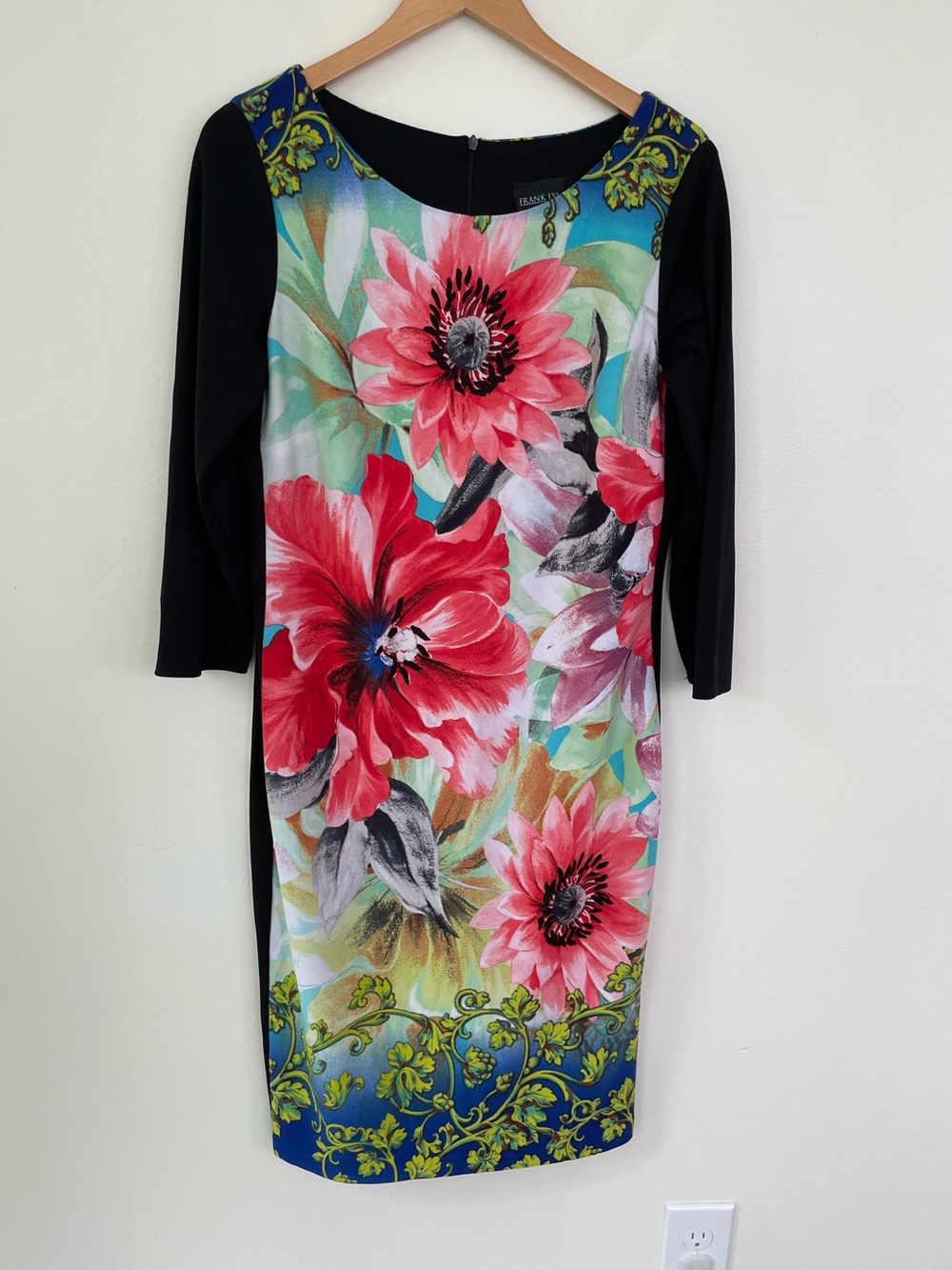 Frank Lyman Large Print Floral Long Sleeve Midi Dress Sz 12 Boatneck Shift